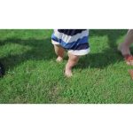 ویدیو استوک از شروع قدم زدن کودک روی چمن سبز